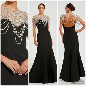 MAC DUGGAL 11775 Black Draped Pearl Beaded Mermaid Gown Dress